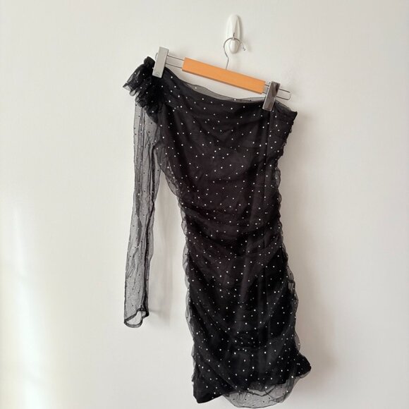 Zara Glitter Organza One Sleeve Mini Dress Black Size Small - Picture 9 of 10
